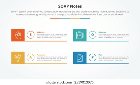 SOAP note infographic concept for slide presentation with creative square box and line bottom with 4 point list with flat style vector