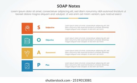 SOAP note infographic concept for slide presentation with boxed creative rectangle stack with 4 point list with flat style vector