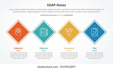 SOAP note infographic concept for slide presentation with rotated square or diamond shape horizontal direction with 4 point list with flat style vector