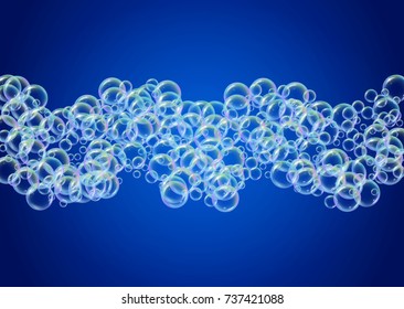 Soap on gradient background. Realistic water bubbles 3d. Cool rainbow colored liquid foam with shampoo bubbles. Horizontal cosmetic flyer and invite. Soap foam for bath and shower. Vector EPS10.