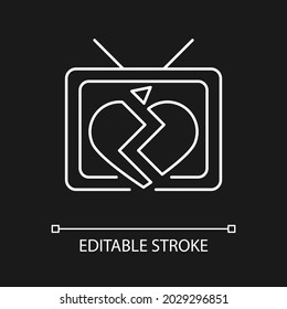 Soap opera white linear icon for dark theme. TV drama series. Sentival film with love plot. Thin line customizable illustration. Isolated vector contour symbol for night mode. Editable stroke