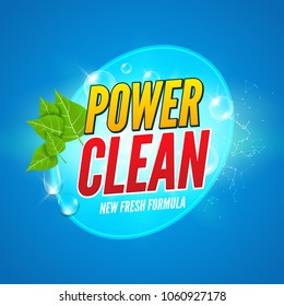 Soap package design. Vector wash soap background. Laundry detergent package design banner. Powder to wash clothing. Power fresh product with mint