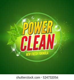 Soap package design. Vector wash soap background. Laundry detergent package design banner. Powder to wash clothing. Power fresh product with mint.