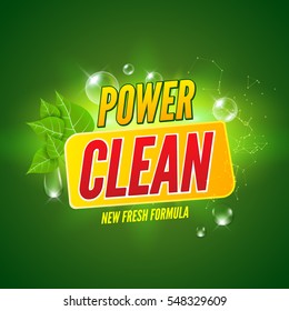 Soap package design. Vector wash soap background. Laundry detergent package design banner. Powder to wash clothing. Power fresh product with mint