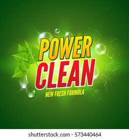 Soap package design. Vector wash soap background. Laundry detergent package design banner. Powder to wash clothing. Power fresh product with mint