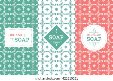 Soap package patterns seamless vector. Vector set of design elements for soap labels, and wrapping paper and box. Organic and handmade soap design package templates.