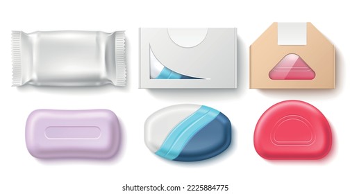 Soap package templates. Realistic washing bars in different boxes and wrappers, bathroom body care glycerin cosmetic, blank packaging mockups. Hand washing various shapes, utter vector set