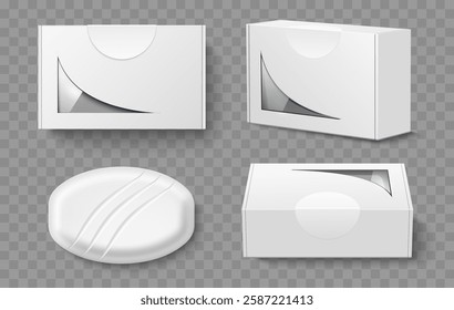 Soap packaging template. Realistic white empty cardboard box for cosmetic . Antibacterial hygiene glycerin product different angles view, clean and body care. Vector 3d isolated concept