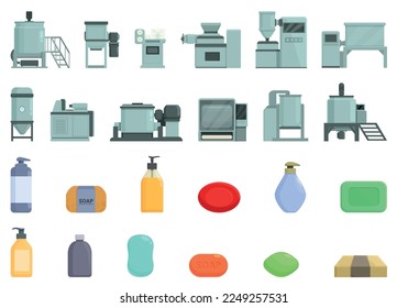Iconos de producción de jabón establecen el vector de dibujos animados. Industria química. Fábrica de polvo