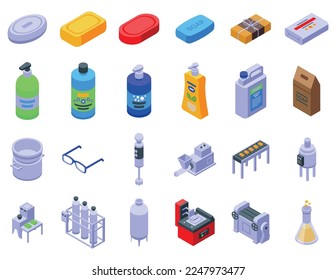 Seifenproduktionssymbole setzen isometrische Vektorgrafik. Chemische Industrie. Pulverfabrik