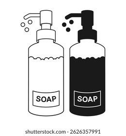 Soap Pump Bottle Flat Black and Outline Style Vector. Hygienic Soap Bottle on White Background.