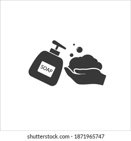 Botella de bomba de jabón con mano, icono relacionado con el servicio de limpieza, diseño de glifos. Vector