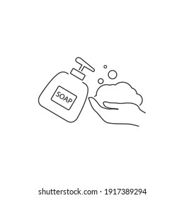 Botella de bomba de jabón con mano, icono relacionado con el servicio de limpieza, diseño de glifos. Icono de línea de vector