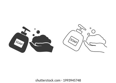 Soap pump bottle with hand, cleaning service related icon set, glyph design. Vector