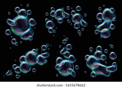 Soap rainbow bubbles realistic set on black background isolated vector illustration