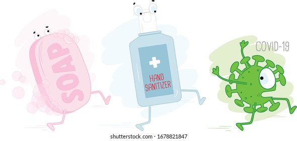 Soap and sanitizer catch the COVID-19 vector illustraation.
