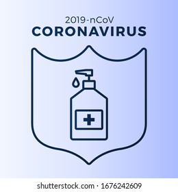 Jabón o Gel de anitización y escudo usando antibacteriano, ícono de virus, higiene, ilustración médica. Protección de Coronavirus covid-19