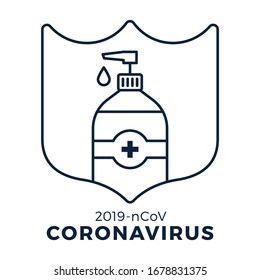 Seife oder Sanitizer Gel und Schild mit antibakteriellen, Virus-Symbol, Hygiene, medizinische Illustration. Coronavirus covid-19-Schutz