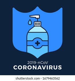 Jabón o Gel de anitización y escudo usando antibacteriano, ícono de virus, higiene, ilustración médica. Protección de Coronavirus covid-19