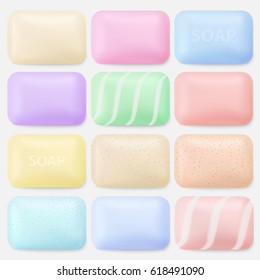 Soap set. Soaps isolated on white. Collection of bathroom body hygiene items. Cream and scrub colorful bars collection. Bath soaps. Face and body cleaning. Realistic vector for your design.