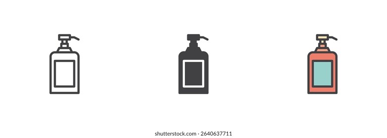 Soap or shampoo bottle icon in line, solid, and filled outline vector styles. Hygiene and personal care bathroom icon symbol set.