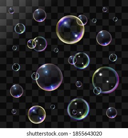 Soap or shampoo bubbles. Realistic colorful ball with rainbow reflection. Isolated on transparent background. Vector illustration set bubbles.