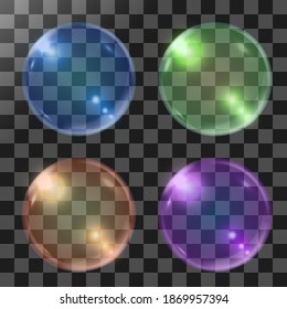 Soap or shampoo bubbles. Realistic colorful ball with rainbow reflection. Isolated on transparent background. Vector illustration set bubbles.