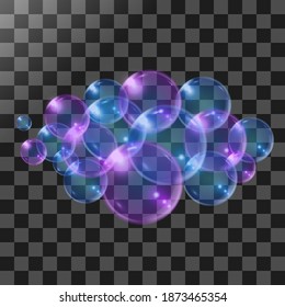 Soap or shampoo bubbles. Realistic colorful ball with rainbow reflection. Isolated on transparent background. Vector illustration set bubbles.