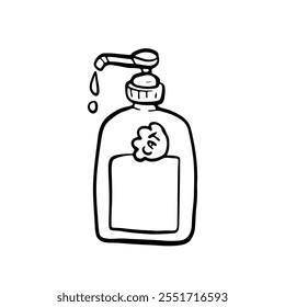 Sabonete ou shampoo com dispensador para gatos. Desenho à mão livre Trendy ilustração. Ícone de doodle de item de suprimento para animais domésticos, lojas de animais de estimação. Vetor torto de estilo de esboço.