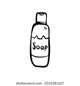 Sabonete ou shampoo com dispensador para gatos. Desenho à mão livre Trendy ilustração. Ícone de doodle de item de suprimento para animais domésticos, lojas de animais de estimação. Vetor torto de estilo de esboço.