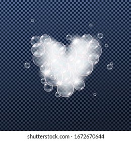 Soap  or shampoo foam bubbles isolated on transparent background. Shape of heart. Realistic looking vector illustration.