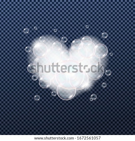Soap  or shampoo foam bubbles isolated on transparent background. Shape of heart. Realistic looking vector illustration.