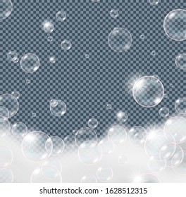 Soap or shampoo foam bubbles with sparkling isolated on transparent background. Realistic looking vector illustration.