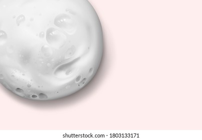 Soap or shampoo foam texture realistic vector illustration on pink background with copy space, top view. Shaving foam round spot, close-up 