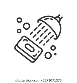Soap and shower, linear icon. Line with editable stroke