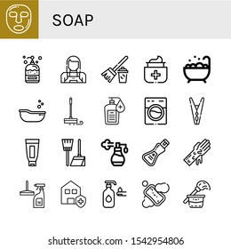 soap simple icons set. Contains such icons as Facial mask, Soap, Maid, Broom, Antiseptic, Jacuzzi, Baby tub, Mop, Hand sanitizer, Washing machine, can be used for web, mobile and logo