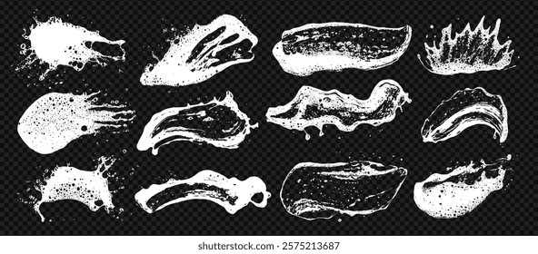 Soap smear texture with clean water and foam. Grunge set with wash glass and soapy sponge pattern at the transparent background.