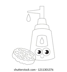 Soap and sponge cartoon. Outlined illustration with thin line black stroke