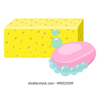 Soap, Sponge And  Foam Bubbles. Cleaning supplies.