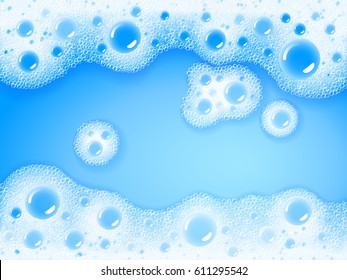 Soap sud. Vector transparent foam on blue water background. Eps10. RGB. Global colors