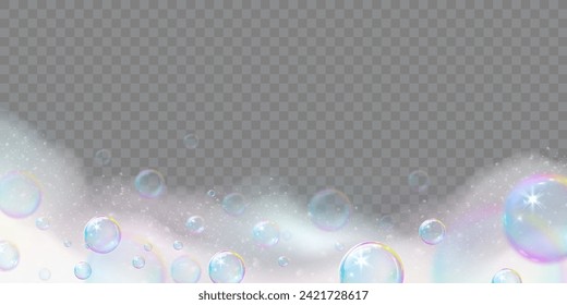 soap suds, realistic rainbow airy soap foam with bubbles on transparent cut out background