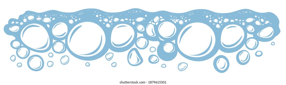 Soap suds of soapy water. Washing or bathing hygiene froth. Cosmetic product or decorative bubbles with empty space for text. Laundry foam in line. Liquid with blue circles. Vector in flat style