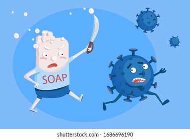 Soap with a sword in his hands fights a pathogenic virus. Hygiene measures to prevent transmission of coronovirus infection. Vector illustration.