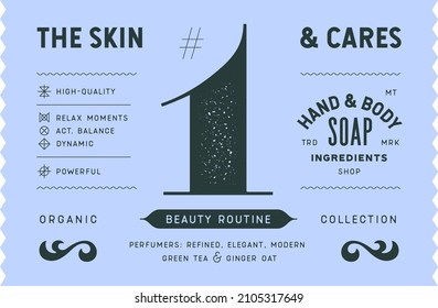 Soap, tag label. Modern tag, label for brand, logo, sticker soap shop. Template design minimal label, tag with text skin and cares, soap. Typographic tag, modern font. Vector Illustration