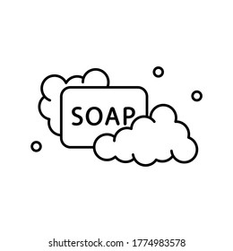 Soap with text in foam with bubbles. Emblem for importance of hand washing. Lather linear icon. Black illustration of cleanser and personal hygiene product. Contour isolated vector on white background