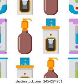 Soap and toothpaste dispenser vector cartoon seamless pattern.