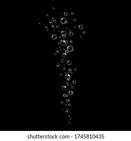 Soap transparent bubbles with rainbow reflection isolated on black background. Underwater fizzing realistic oxygen balls. Vector glossy bright abstract elements of stock illustration.