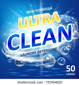 Soap ultra clean design product. Toilet or bathroom tub cleanser. Wash soap background design. Laundry detergent package ads. Washing machine laundry detergent packaging template. Vector illustration