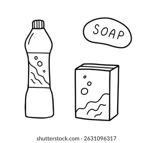 Sabão e lavagem em pó desenhado à mão esboço em estilo doodle. Ilustração isolada da arte vetorial.