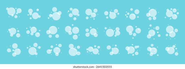 Soap water bubble, cartoon foam bath icon. Sea drop, simple carbonated air, wash pattern. Shampoo suds, soda cloud drink, oxygen effect. Transparent fizzy ball on blue bg. Clear vector illustration